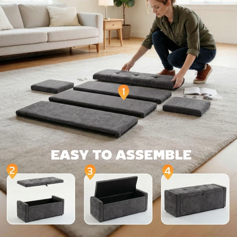 HOMCOM Storage Ottoman Bench, Linen-Look Fabric Upholstered Ottoman with Storage, Wide Padded Seat, Dark Grey