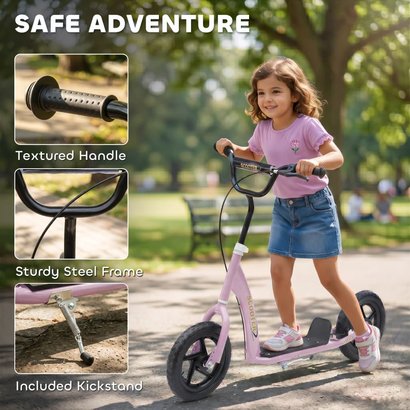 HOMCOM Kids Scooter with 12" EVA Big Tires, Street Bike Bicycle for Teens with Adjustable Height Handle for 5-12 Year Old, Pink