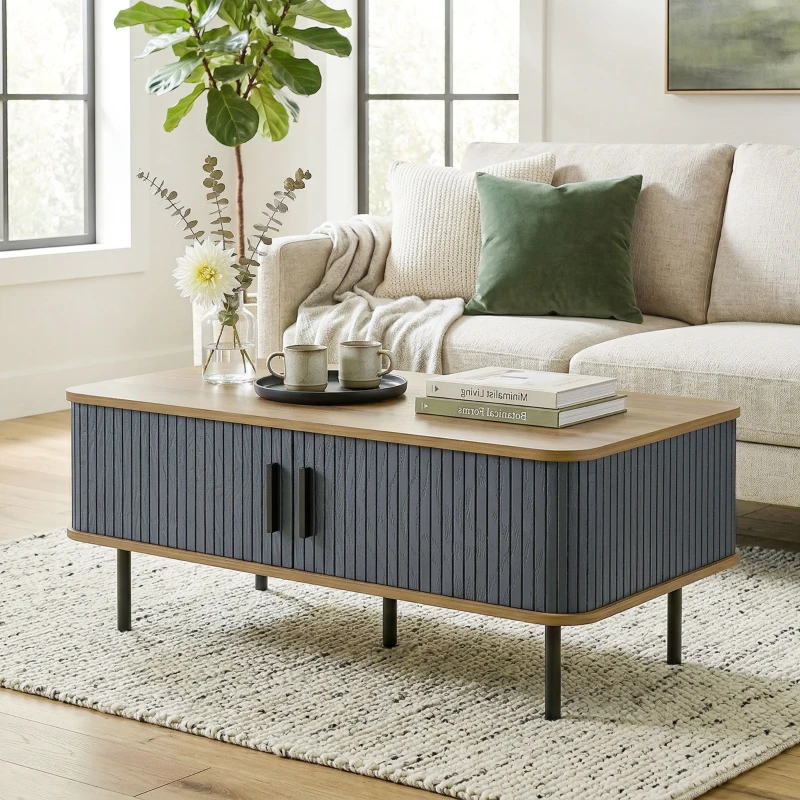 HOMCOM Nordic Side Table with Fluted Tambour Sliding Doors and Steel Legs, Coffee Table with Storage for Living Room, Black