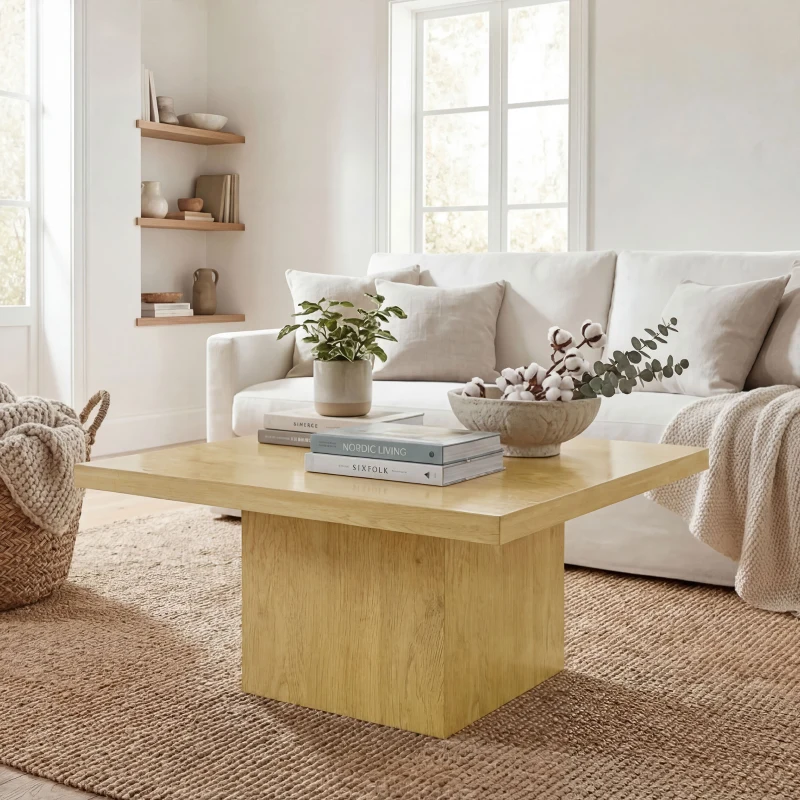 HOMCOM Square Coffee Table, Center Table with 1.6" Thick Tabletop, Light Brown