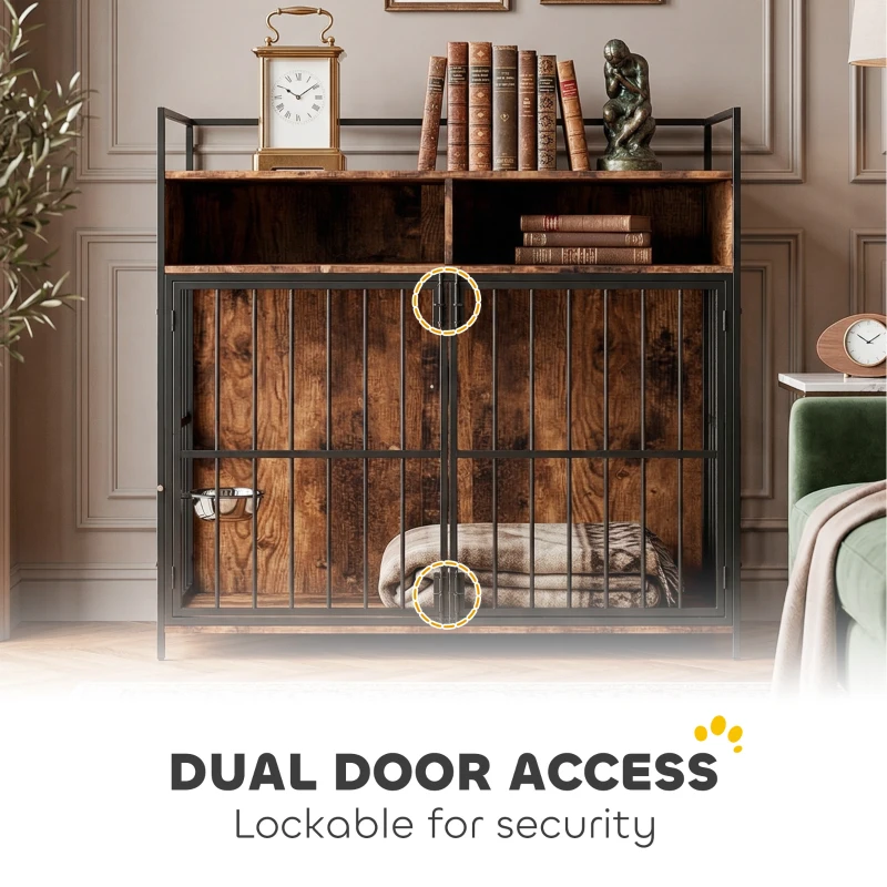 PawHut Dog Crate Furniture with Rotating Feeding Station Dog Kennel End Table Storage Shelves, Rustic Brown