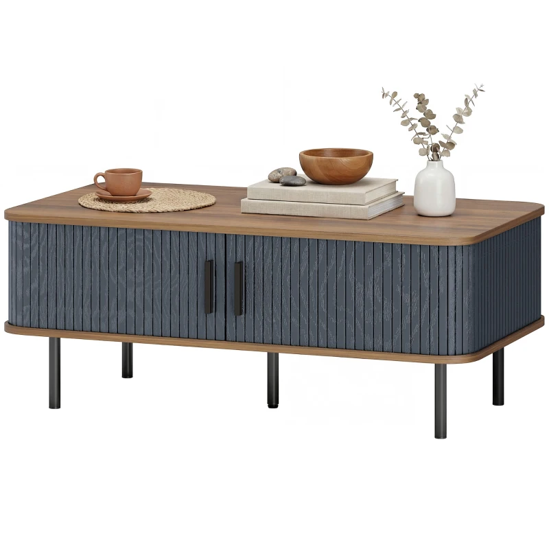 HOMCOM Nordic Side Table with Fluted Tambour Sliding Doors and Steel Legs, Coffee Table with Storage for Living Room, Black