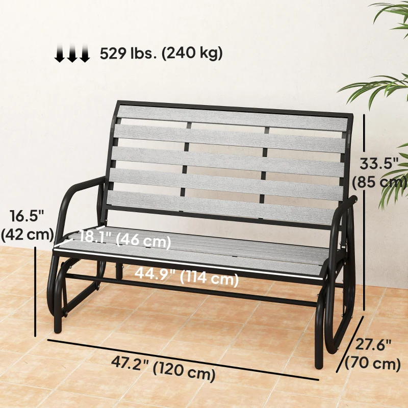 Outsunny 2 Person Outdoor Glider Bench, Patio Glider Loveseat with Faux Wood Slatted Seat and Back, Steel Frame, Grey