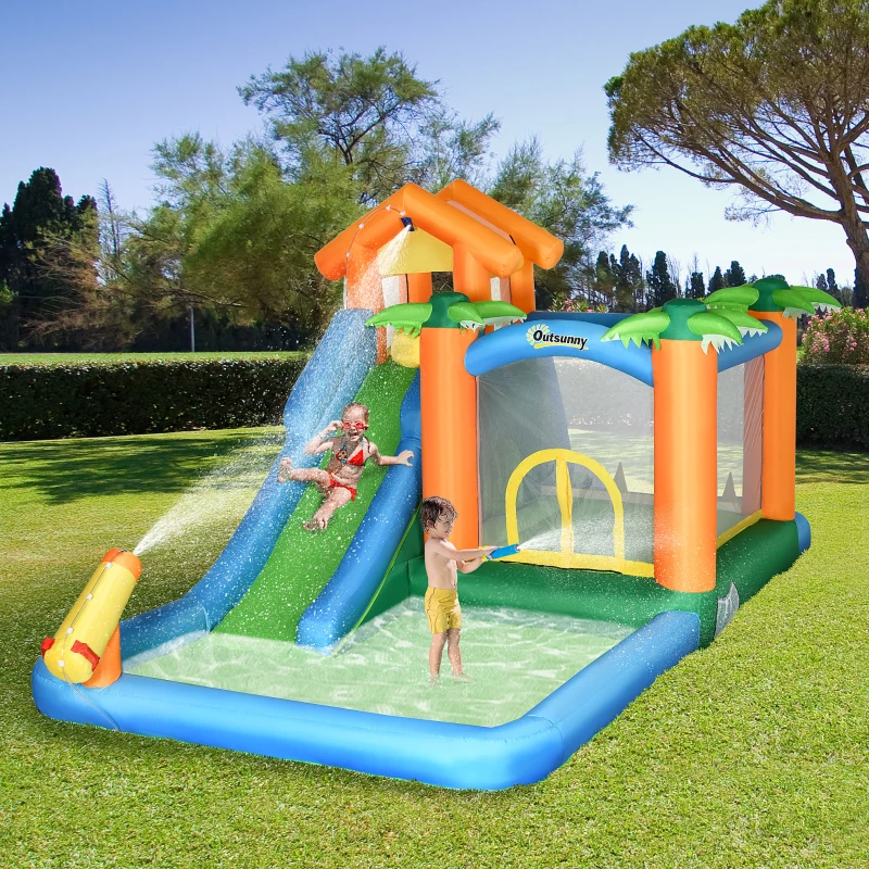 Outsunny Large Bounce House w/ Inflatable Water Slide, Summer Theme Jumping Castle w/ Trampoline, Water Pool, Climbing Wall, 450W Air Blower for Kids Age 3-8