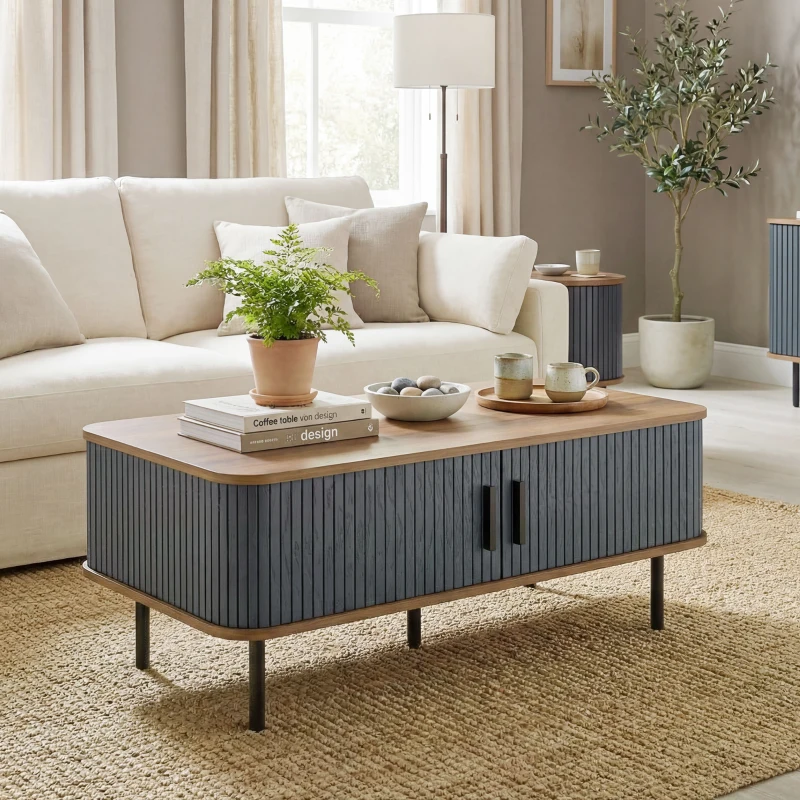 HOMCOM Nordic Side Table with Fluted Tambour Sliding Doors and Steel Legs, Coffee Table with Storage for Living Room, Black