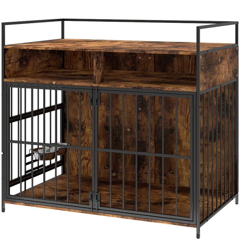 PawHut Dog Crate Furniture with Rotating Feeding Station Dog Kennel End Table Storage Shelves, Rustic Brown