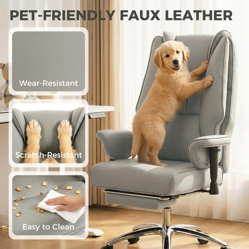 HOMCOM Ergonomic Office Chair, High Back Reclining Desk Chair with Adjustable Armrests, Pet Friendly Faux Leather, Light Gray