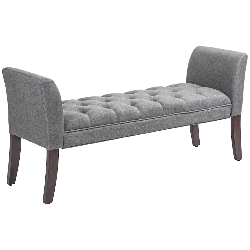 HOMCOM Upholstered Bedroom Entryway Bench with Button Tufted Design, End of Bed Bench with Arms and Solid Wood Legs, Dark Gray
