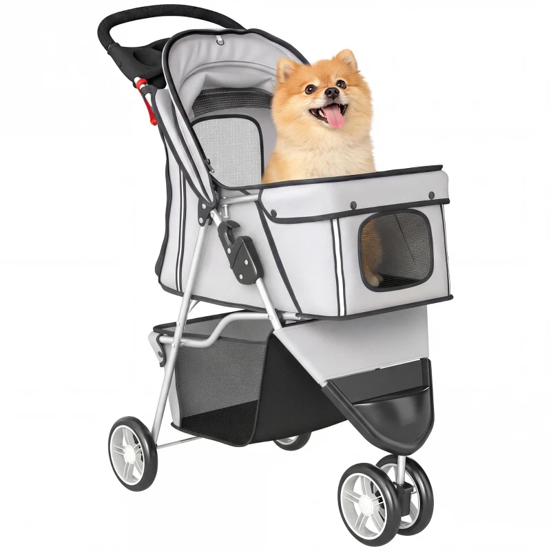 PawHut 3 Wheels Foldable Dog Stroller with Storage Basket, Adjustable Canopy, Cupholder for Miniature and Small Dogs, Grey