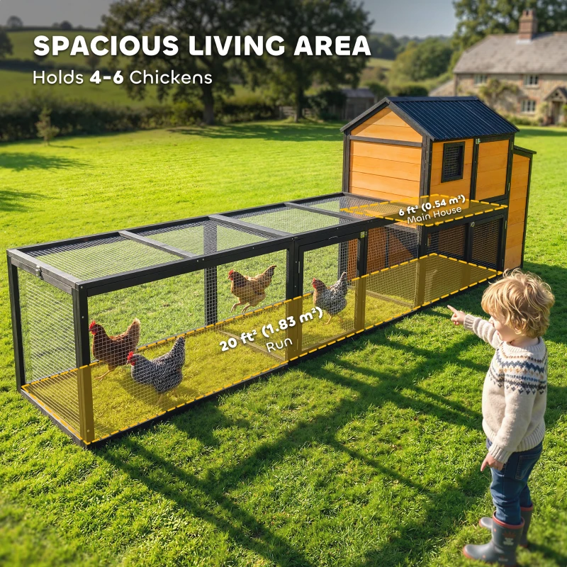 PawHut Large Chicken Coop, 134"L Wooden Chicken House with Run, Nesting Box, Slide-Out Tray, Waterproof Roof and Ramp
