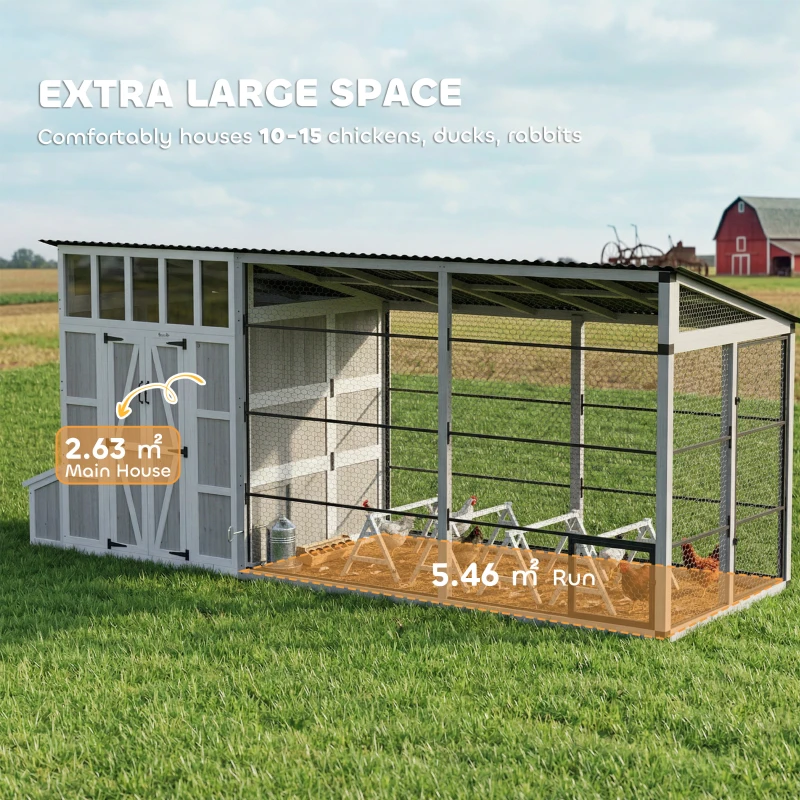 PawHut Large Chicken Coop for 10-15 Hens, Walk-in Outdoor Chicken House with Run, Nesting Box, Waterproof Roof, Perches