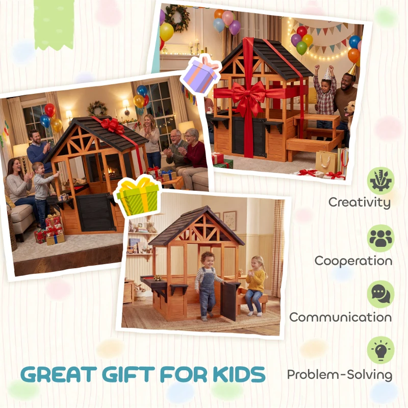 Qaba Wooden Playhouse Playhouse for Kids with Table, Benches, Sink Table, Windows, Flowerpot Holders, for Ages 3-8, Brown