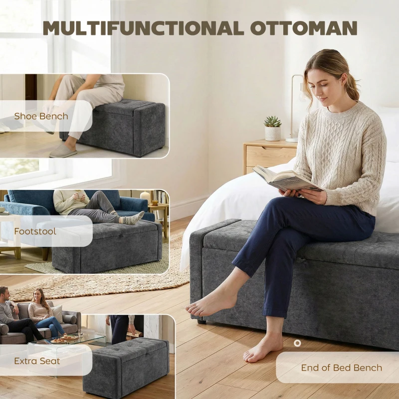 HOMCOM Storage Ottoman Bench, Linen-Look Fabric Upholstered Ottoman with Storage, Wide Padded Seat, Dark Grey