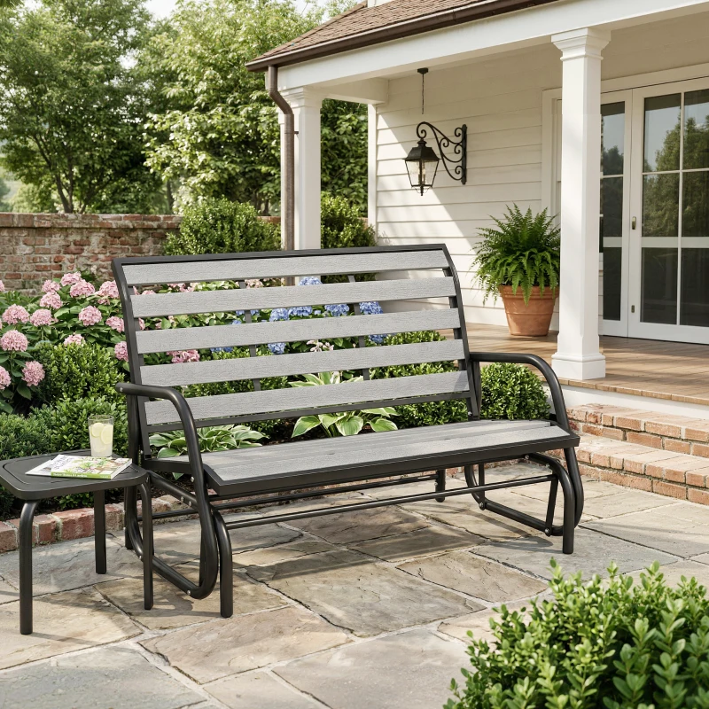 Outsunny 2 Person Outdoor Glider Bench, Patio Glider Loveseat with Faux Wood Slatted Seat and Back, Steel Frame, Grey