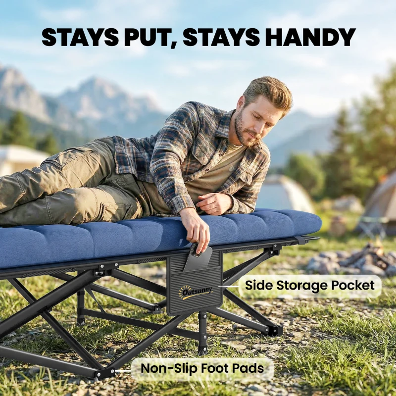 Outsunny Camping Cot with Soft Pad, 32" Extra Wide Folding Cots with Non-Slip Feet and Carry Bag, Blue