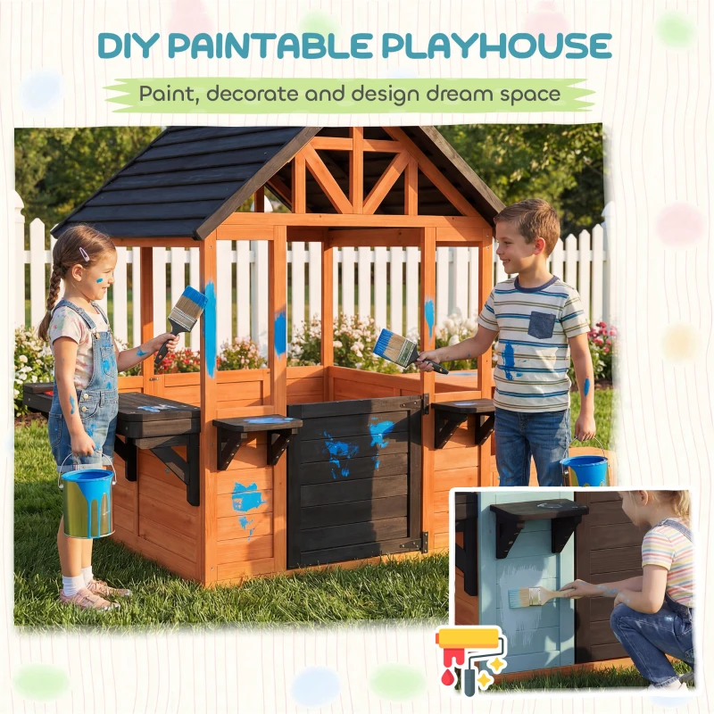 Qaba Wooden Playhouse Playhouse for Kids with Table, Benches, Sink Table, Windows, Flowerpot Holders, for Ages 3-8, Brown