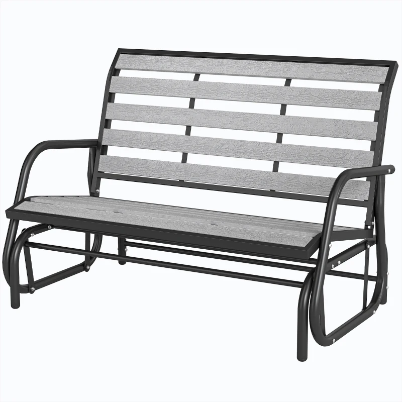 Outsunny 2 Person Outdoor Glider Bench, Patio Glider Loveseat with Faux Wood Slatted Seat and Back, Steel Frame, Grey