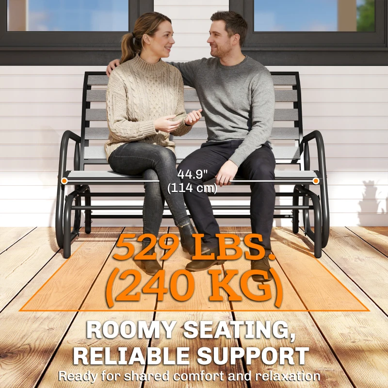 Outsunny 2 Person Outdoor Glider Bench, Patio Glider Loveseat with Faux Wood Slatted Seat and Back, Steel Frame, Grey