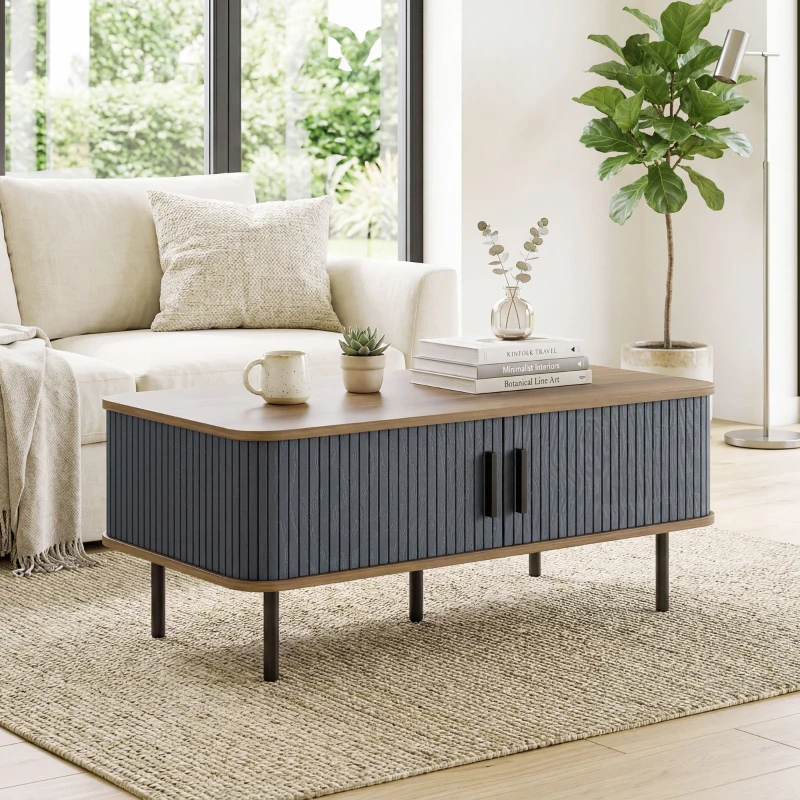 HOMCOM Nordic Side Table with Fluted Tambour Sliding Doors and Steel Legs, Coffee Table with Storage for Living Room, Black