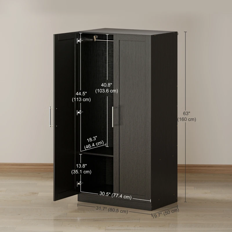 HOMCOM Wardrobe Cabinet with 2 Doors and Hanging Rod, Modern Armoire Wardrobe Closet for Bedroom, Black Wood Effect