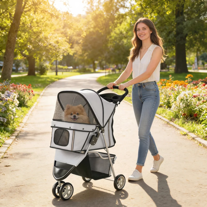 PawHut 3 Wheels Foldable Dog Stroller with Storage Basket, Adjustable Canopy, Cupholder for Miniature and Small Dogs, Grey