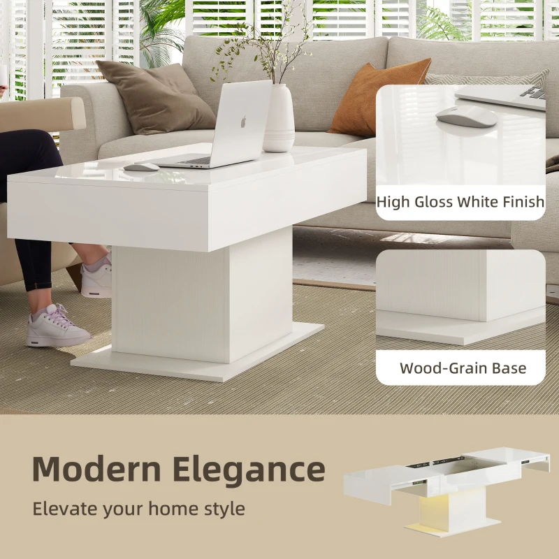 HOMCOM Extendable Coffee Table with LED Lights, Modern High Gloss Center Table with Hidden Storage for Living Room, White