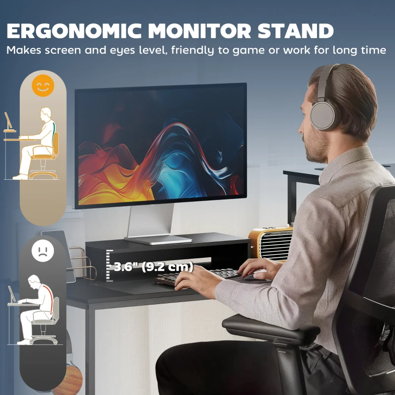HOMCOM 96 Inch Gaming Desk, Dual Computer Desk for 2 Person with Power Outlets and Monitor Stands, Black