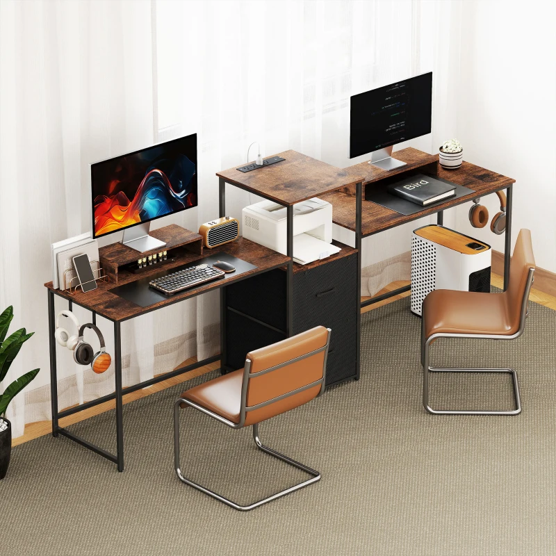 HOMCOM 96 Inch Gaming Desk, Dual Computer Desk for 2 Person with Power Outlets and Monitor Stands, Rustic Brown