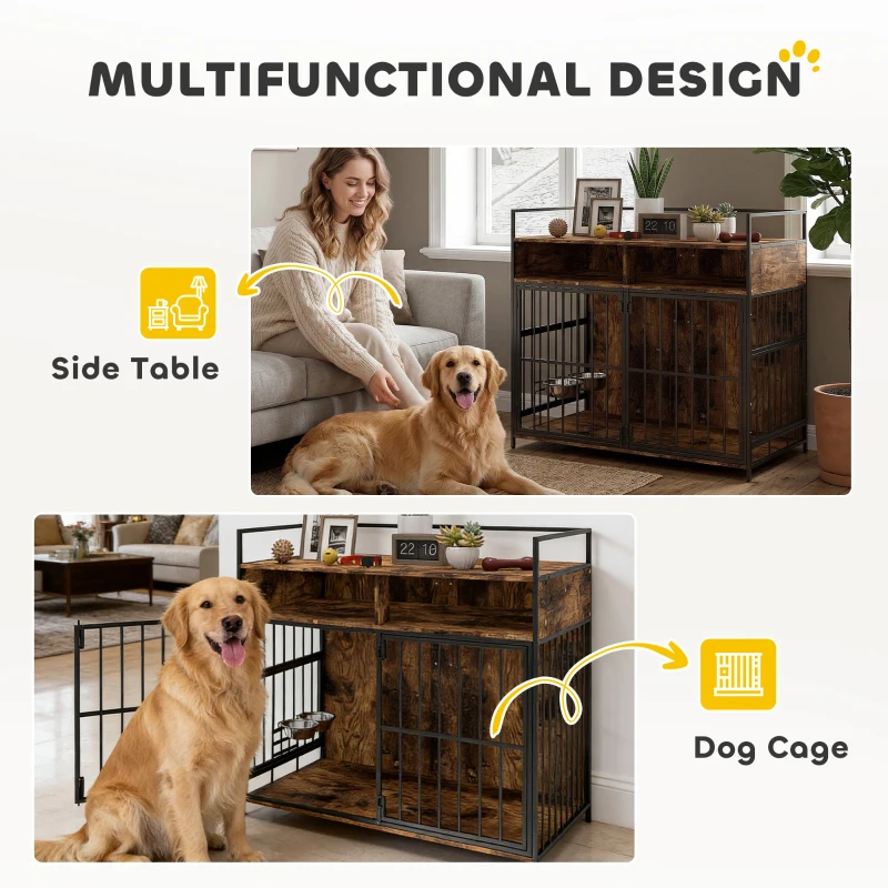 PawHut Dog Crate Furniture with Rotating Feeding Station Dog Kennel End Table Storage Shelves, Rustic Brown