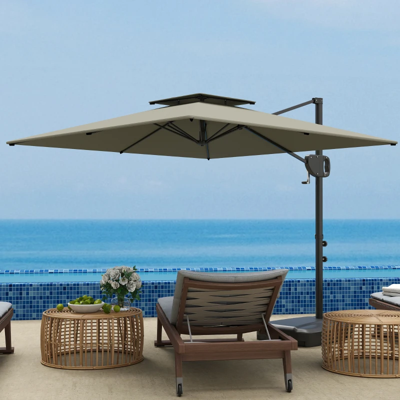 Outsunny Square Cantilever Patio Umbrella, Double Top Patio Hanging Offset Umbrella with Crank & Tilt, 8' x 9', Light Grey