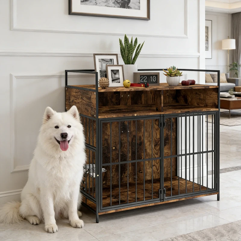 PawHut Dog Crate Furniture with Rotating Feeding Station Dog Kennel End Table Storage Shelves, Rustic Brown