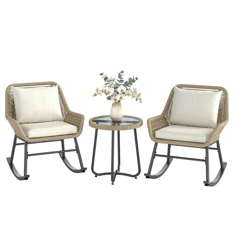 Outsunny 3 Piece Rocking Bistro Set Outdoor Patio Furniture Set with Cushions, Glass Coffee Table for Balcony, Cream White