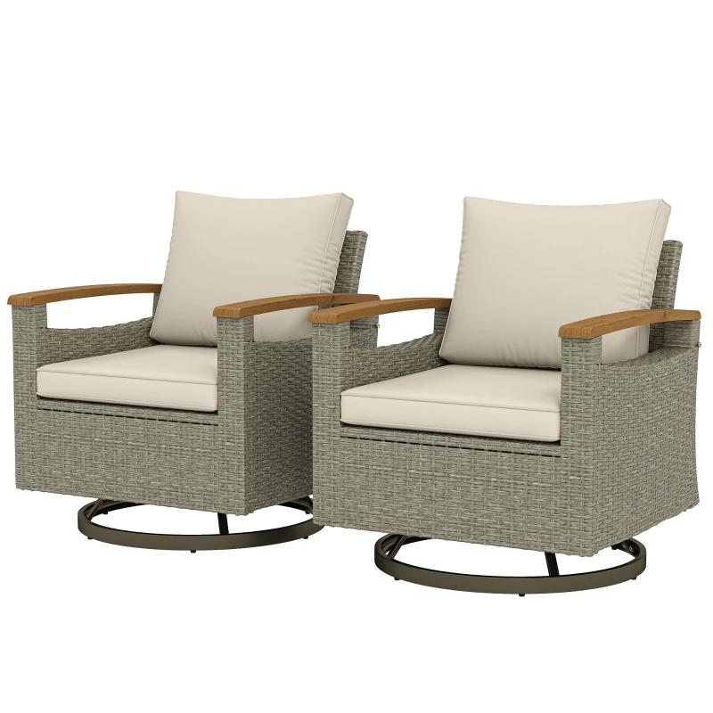 Outsunny Patio Outdoor Swivel Chairs Set of 2, PE Rattan Patio Wicker Chair with Soft Cushions, Steel Frame, Cream White