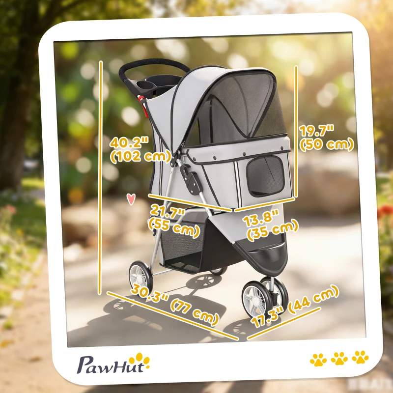 PawHut 3 Wheels Foldable Dog Stroller with Storage Basket, Adjustable Canopy, Cupholder for Miniature and Small Dogs, Grey