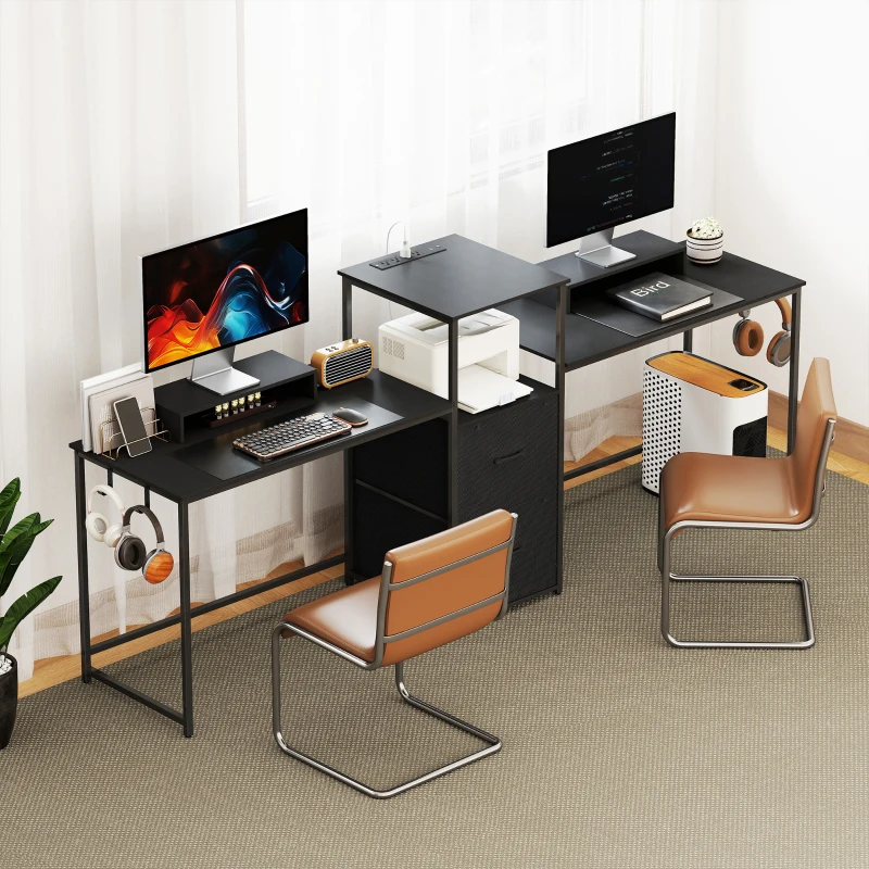 HOMCOM 96 Inch Gaming Desk, Dual Computer Desk for 2 Person with Power Outlets and Monitor Stands, Black