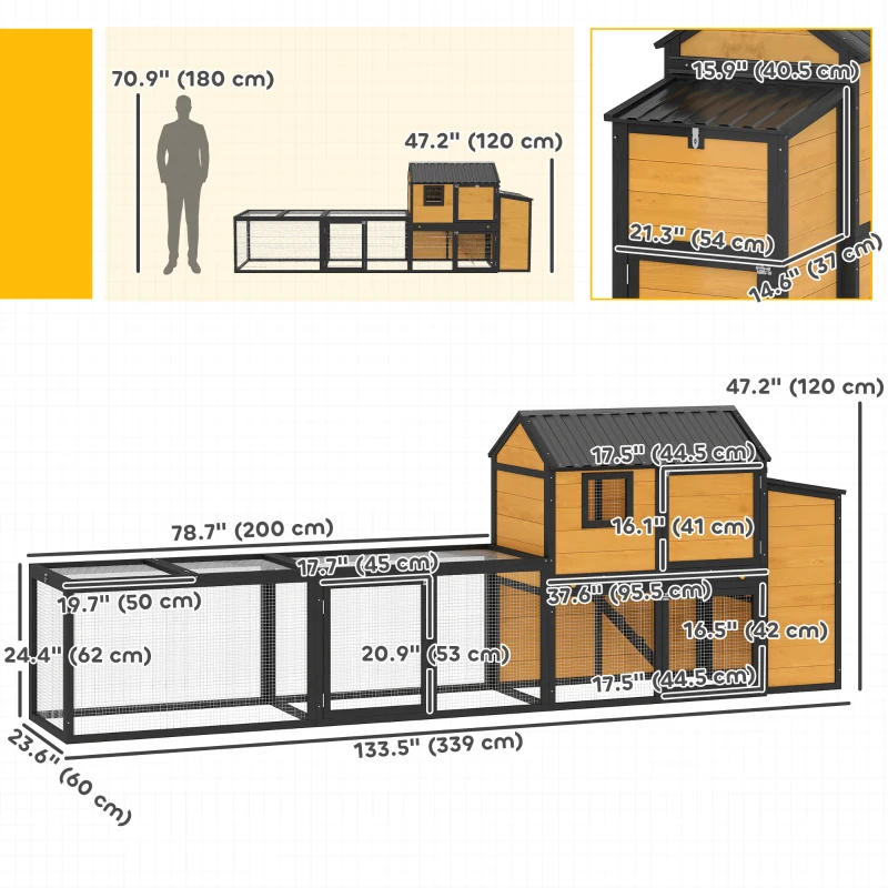 PawHut Large Chicken Coop, 134"L Wooden Chicken House with Run, Nesting Box, Slide-Out Tray, Waterproof Roof and Ramp