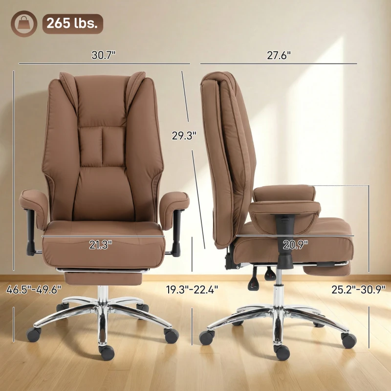 HOMCOM Ergonomic Office Chair, High Back Reclining Desk Chair with Adjustable Armrests, Pet Friendly Faux Leather, Brown