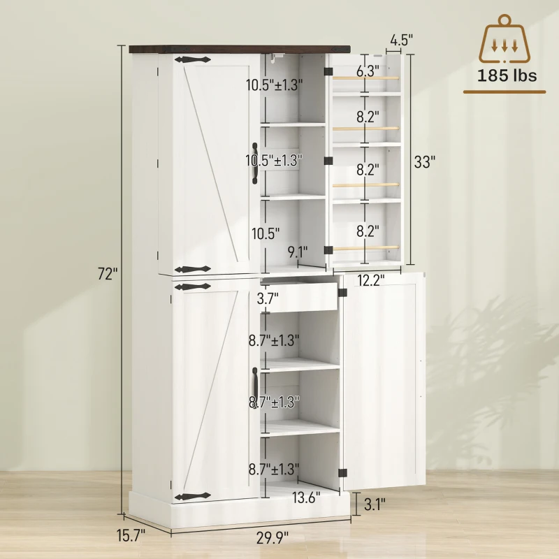 HOMCOM 72" Tall Kitchen Pantry Cabinet, Farmhouse Storage Cabinet with 8 Door Racks and Adjustable Shelves, White