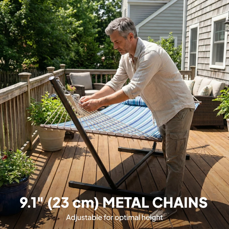 Outsunny Hammock with Stand Heavy Duty Camping Hammock with Steel Frame for Patio Backyard Blue and White