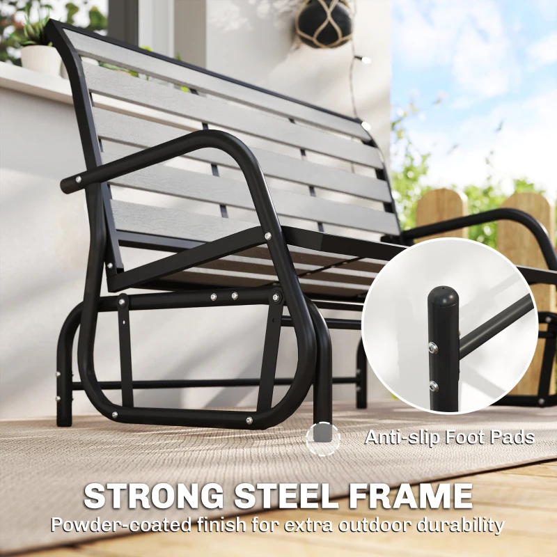 Outsunny 2 Person Outdoor Glider Bench, Patio Glider Loveseat with Faux Wood Slatted Seat and Back, Steel Frame, Grey