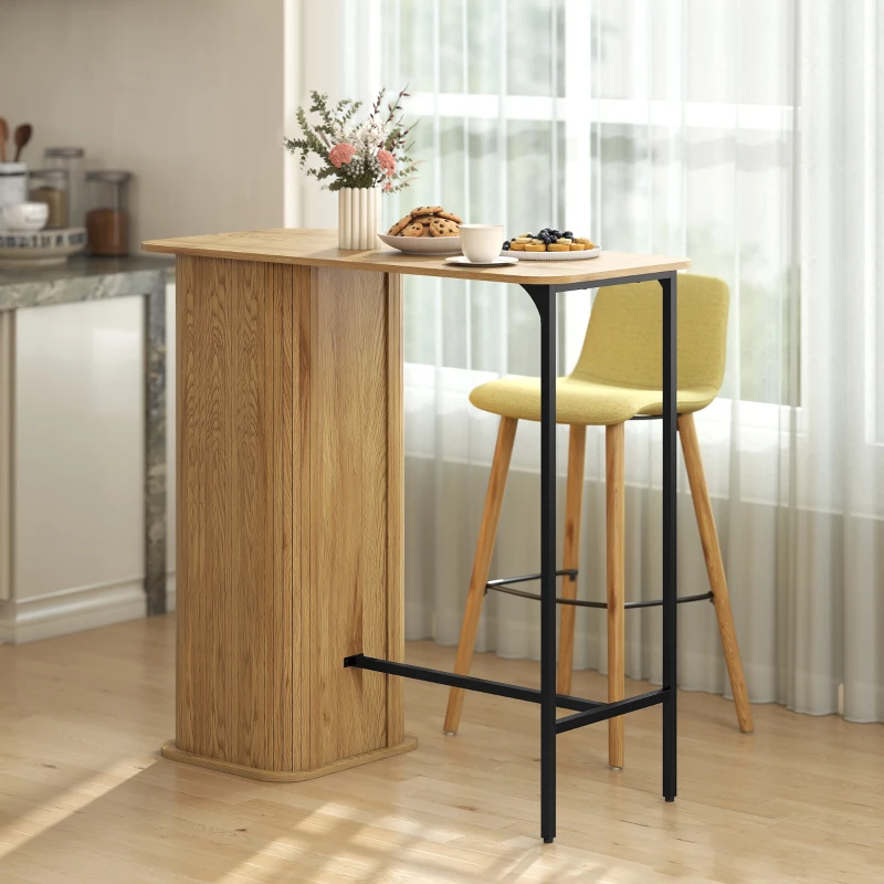 HOMCOM Tambour Bar Height Table with 3 Storage Shelves Rectangular Bar Table with Metal Frame for Kitchen Dining Room Natural