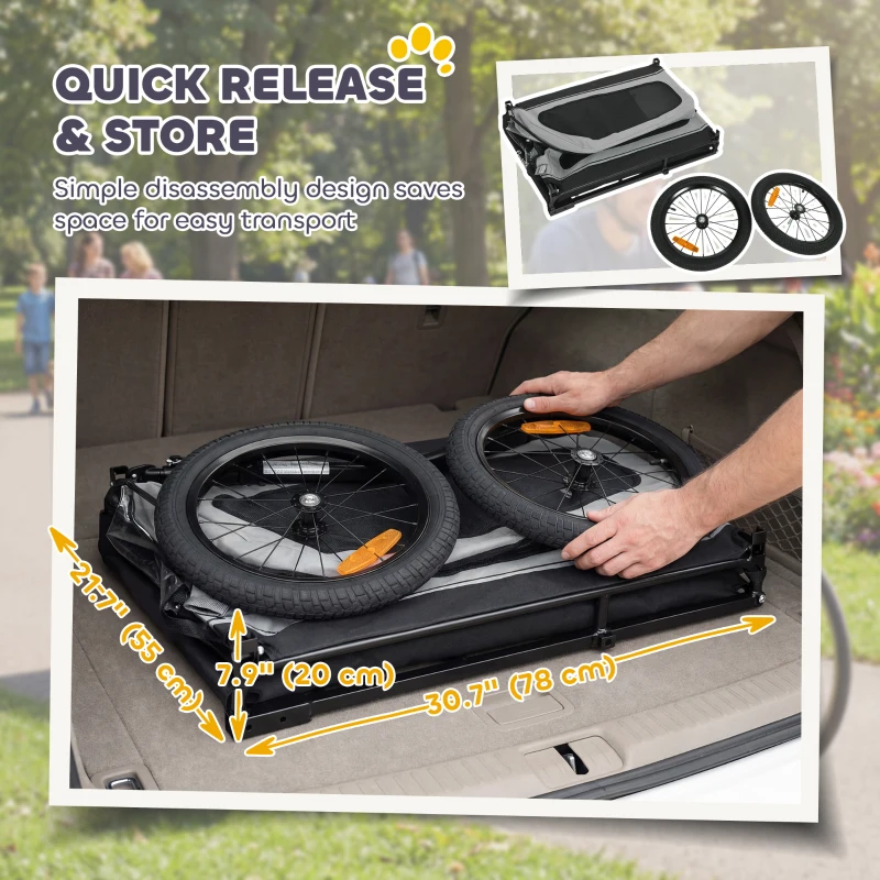 PawHut Dog Bike Trailer for Small & Medium Dogs up to 44 lbs, Universal Bicycle Coupler, Flip-Down Ramp Tailgate, Grey