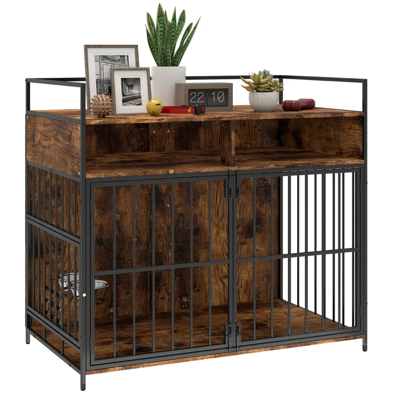 PawHut Dog Crate Furniture with Rotating Feeding Station Dog Kennel End Table Storage Shelves, Rustic Brown