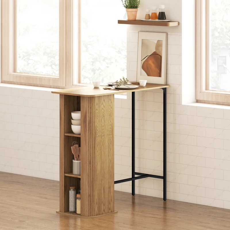 HOMCOM Tambour Bar Height Table with 3 Storage Shelves Rectangular Bar Table with Metal Frame for Kitchen Dining Room Natural