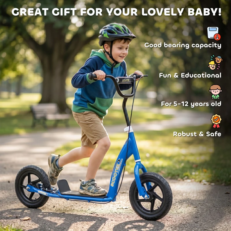 HOMCOM Adjustable Kids Pro Stunt Scooter Children Street Bike Bicycle Ride On with 12” Tire (Blue)