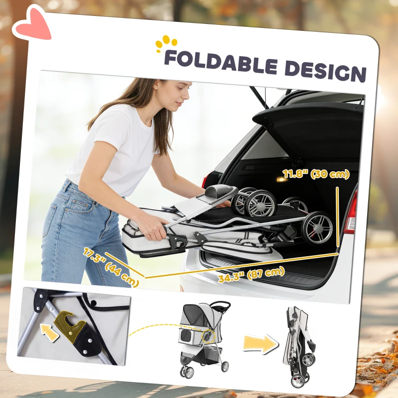 PawHut 3 Wheels Foldable Dog Stroller with Storage Basket, Adjustable Canopy, Cupholder for Miniature and Small Dogs, Grey