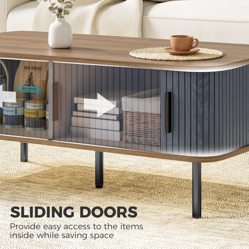 HOMCOM Nordic Side Table with Fluted Tambour Sliding Doors and Steel Legs, Coffee Table with Storage for Living Room, Black