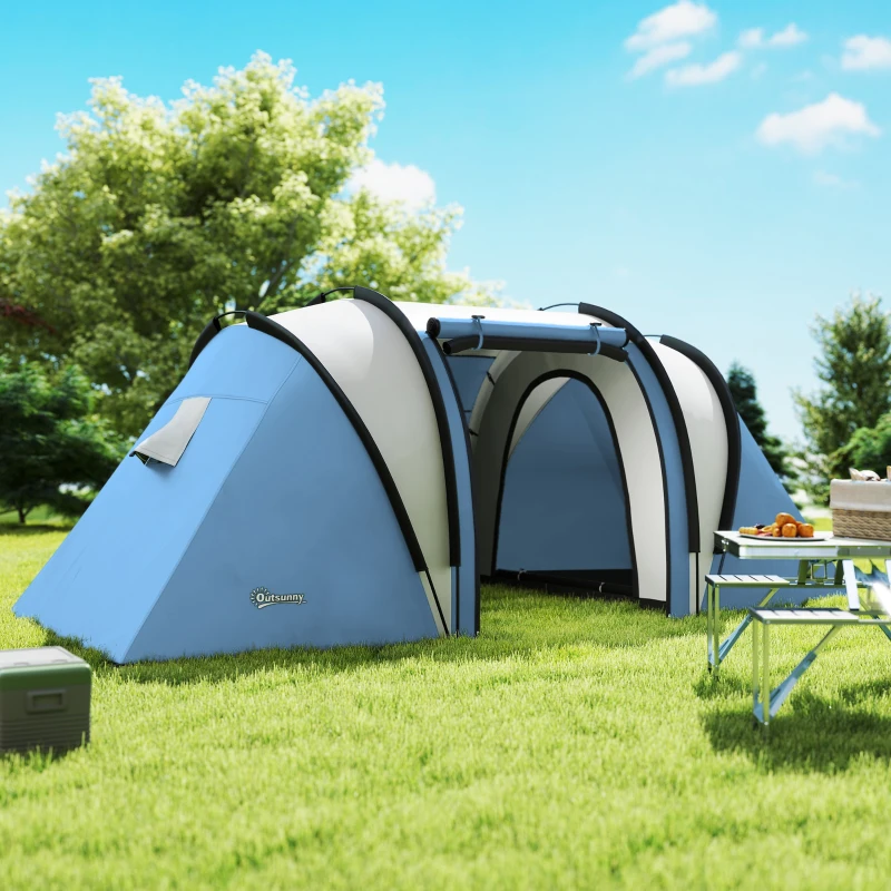 Outsunny Camping Tent with 2 Bedrooms and Living Area, 3000mm Waterproof Family Tent, for Fishing Hiking Festival, Blue