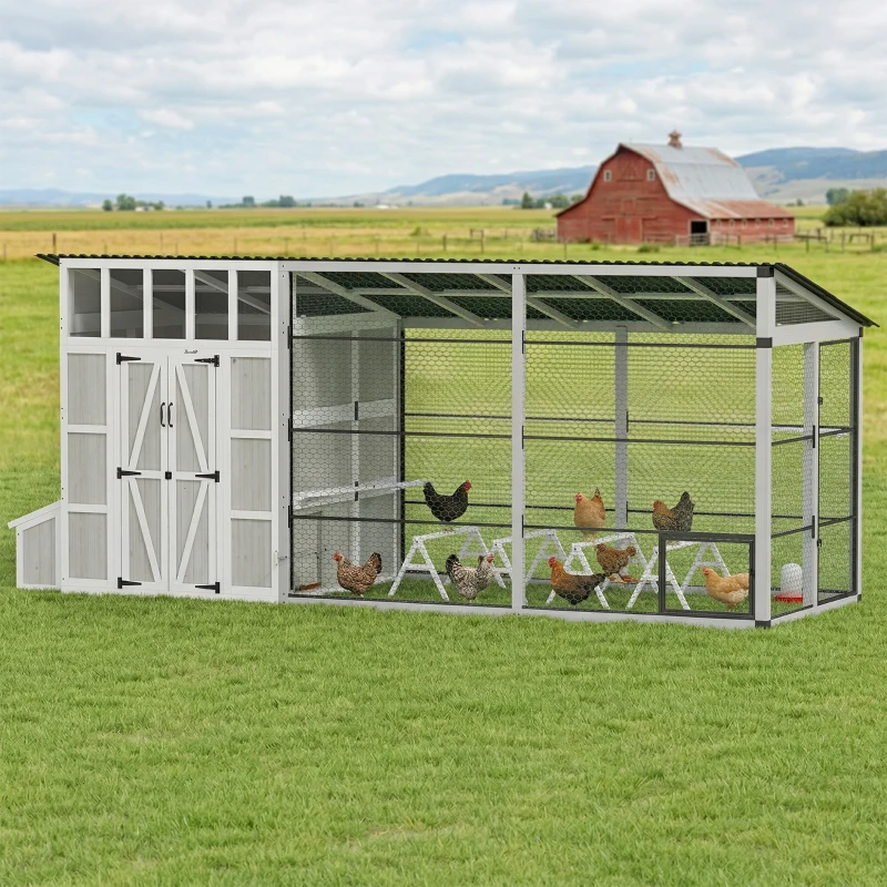 PawHut Large Chicken Coop for 10-15 Hens, Walk-in Outdoor Chicken House with Run, Nesting Box, Waterproof Roof, Perches