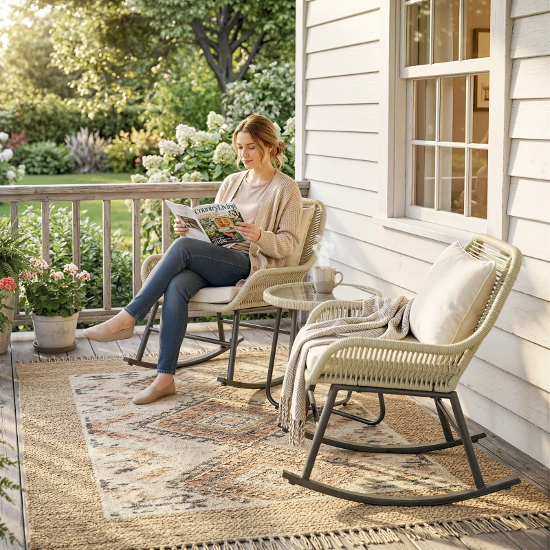 Outsunny 3 Piece Rocking Bistro Set Outdoor Patio Furniture Set with Cushions, Glass Coffee Table for Balcony, Cream White